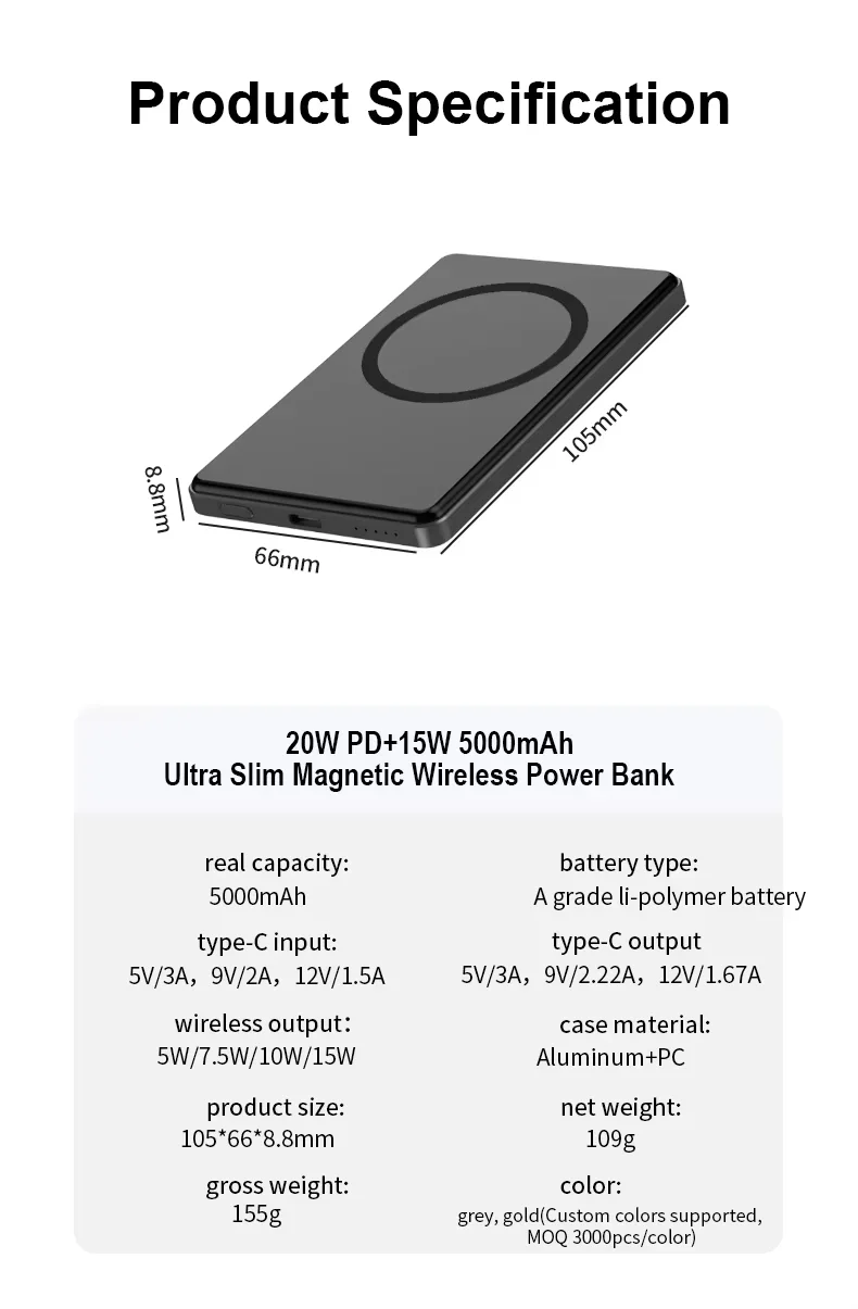 8.8mm Ultra-Slim 5000mAh Pocket Power Bank with Wireless Charging and PD 20W for iPhone 17/16/15/13 – Custom Logo Available product image 4