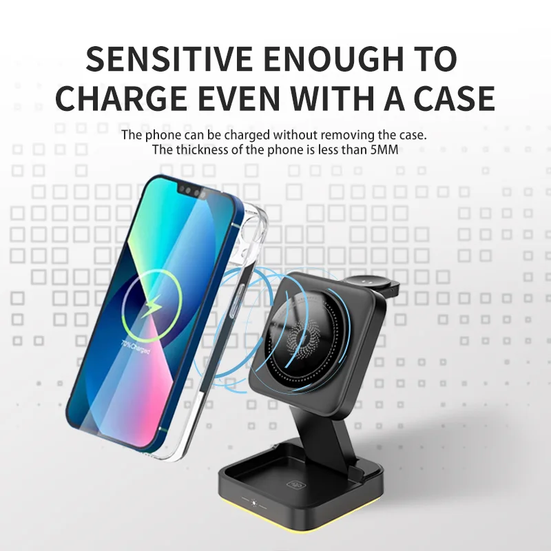 3-in-1 Foldable Wireless Magnetic Charger Station with Night Lamp for Phone, Watch, and Earphones – Model LHT-69 product image 5