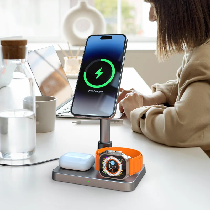 Mackertop S6 3-in-1 Magnetic Wireless Charger – 15W Fast Charging for Phone, Watch, Earphones