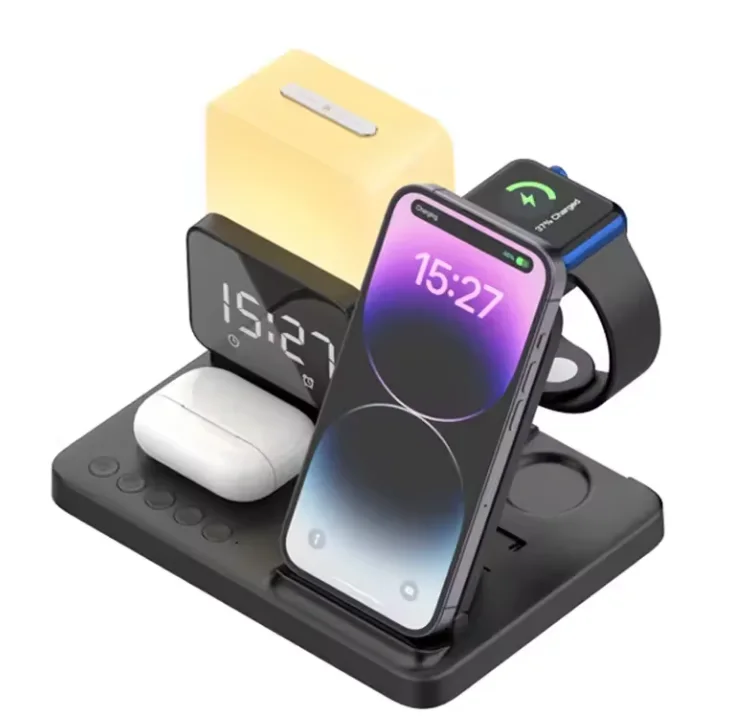 6-in-1 Wireless Charger with Alarm Clock and LED Lamp, 2.5W Output for Smart Watch and Earphone