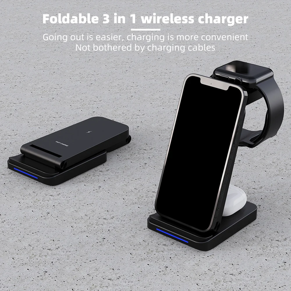 15W 3-in-1 Foldable Wireless Charger for Phone, Watch, Earbuds – Travel Ready (EU Market)