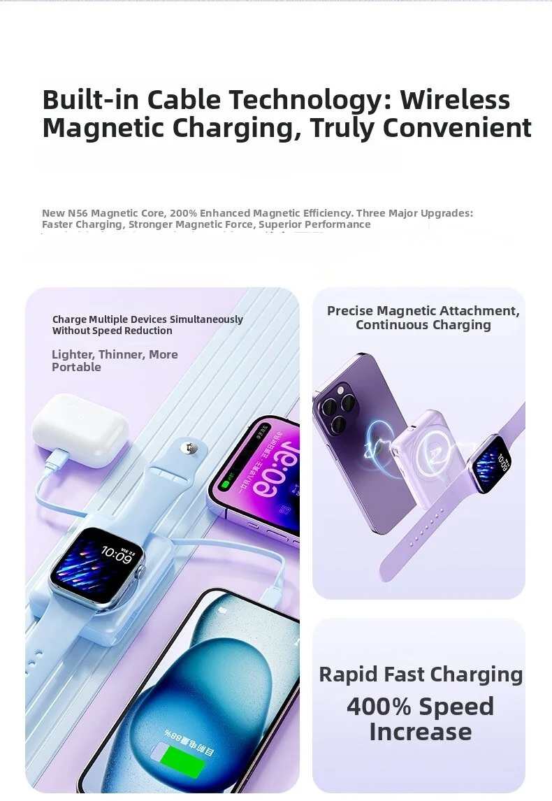 10000mAh Magnetic Power Bank with LED Display, Built-in 2 Cables (Type-C & iPhone), Custom Logo product image 4