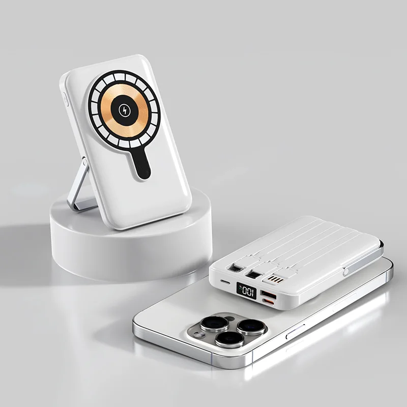 10000mAh Mini Wireless Power Bank with LED Display and Built-in Cables